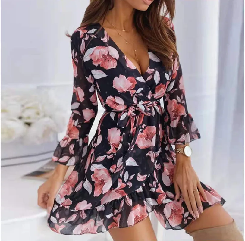 Floral Print Mini Dress with V-Neck and Ruffled Hem