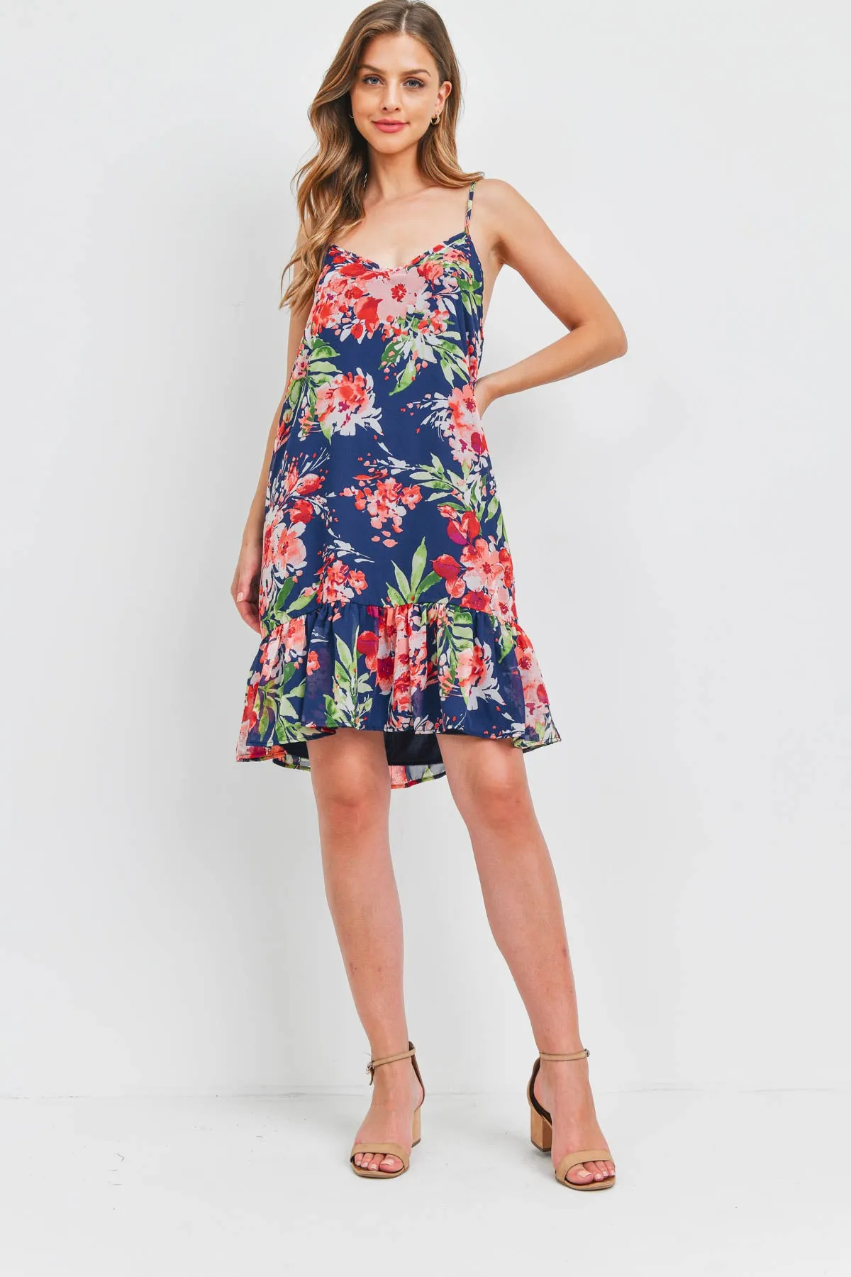 Floral Print Ruffle Hem Cami Dress with Inside Lining