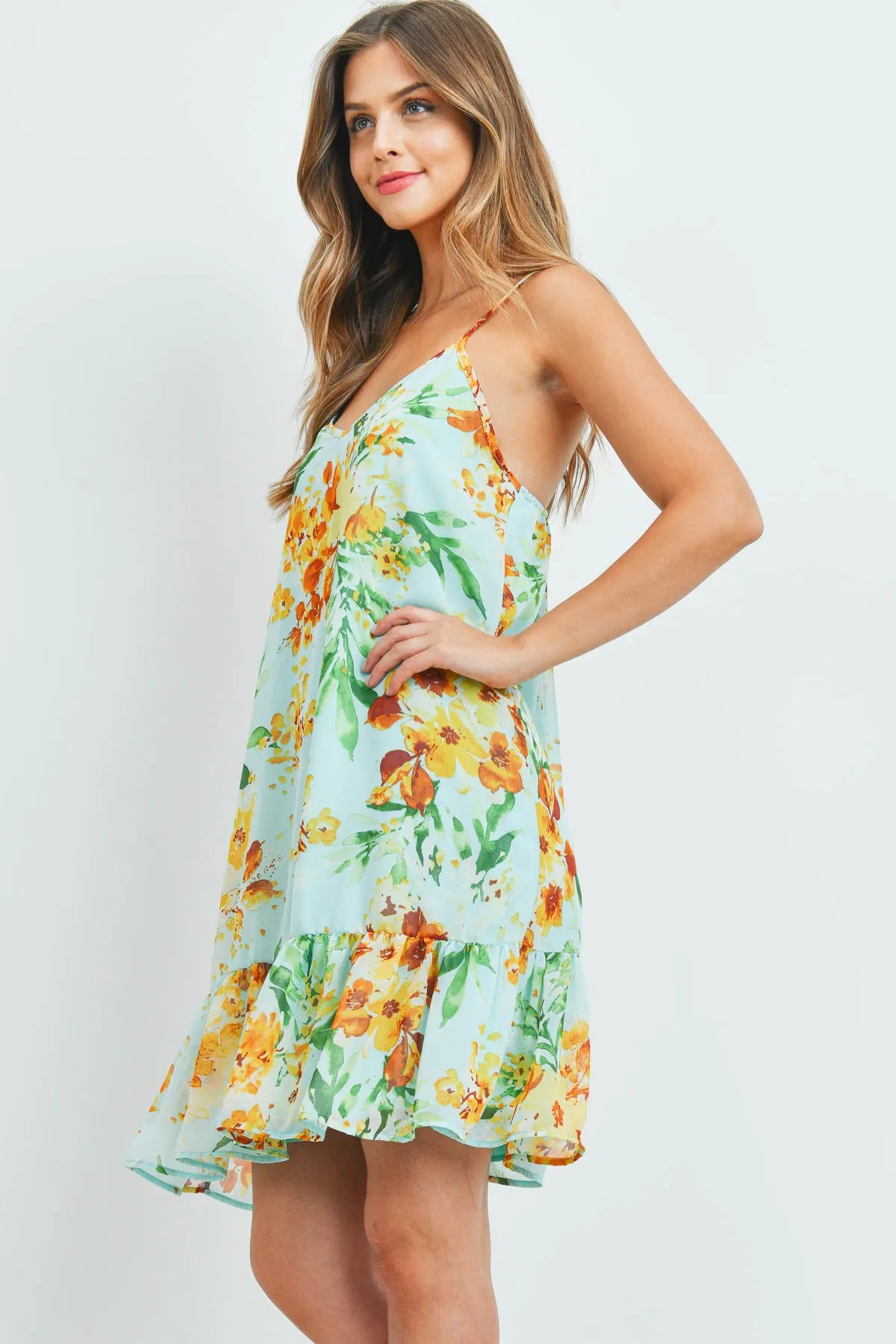 Floral Print Ruffle Hem Cami Dress with Inside Lining