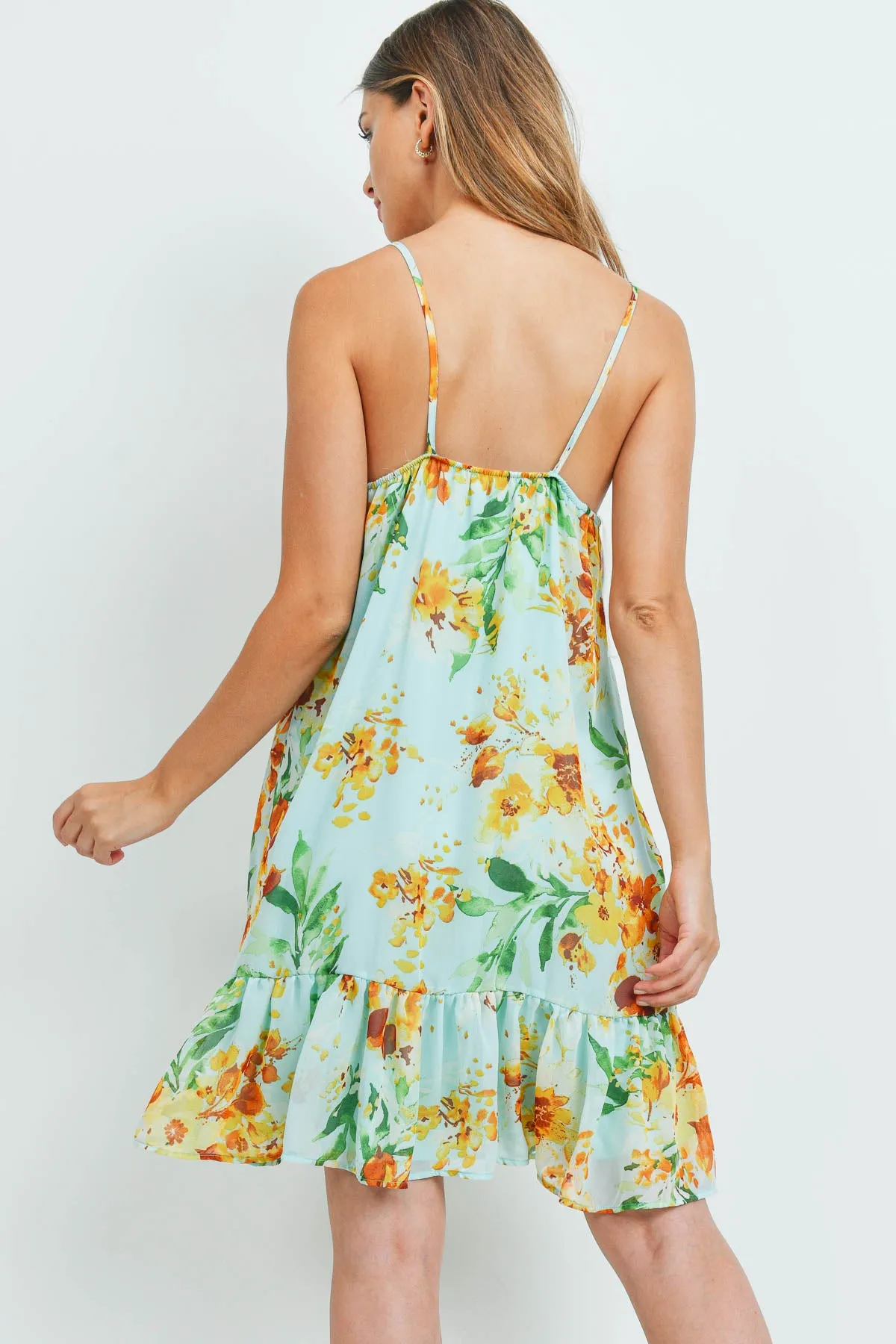 Floral Print Ruffle Hem Cami Dress with Inside Lining