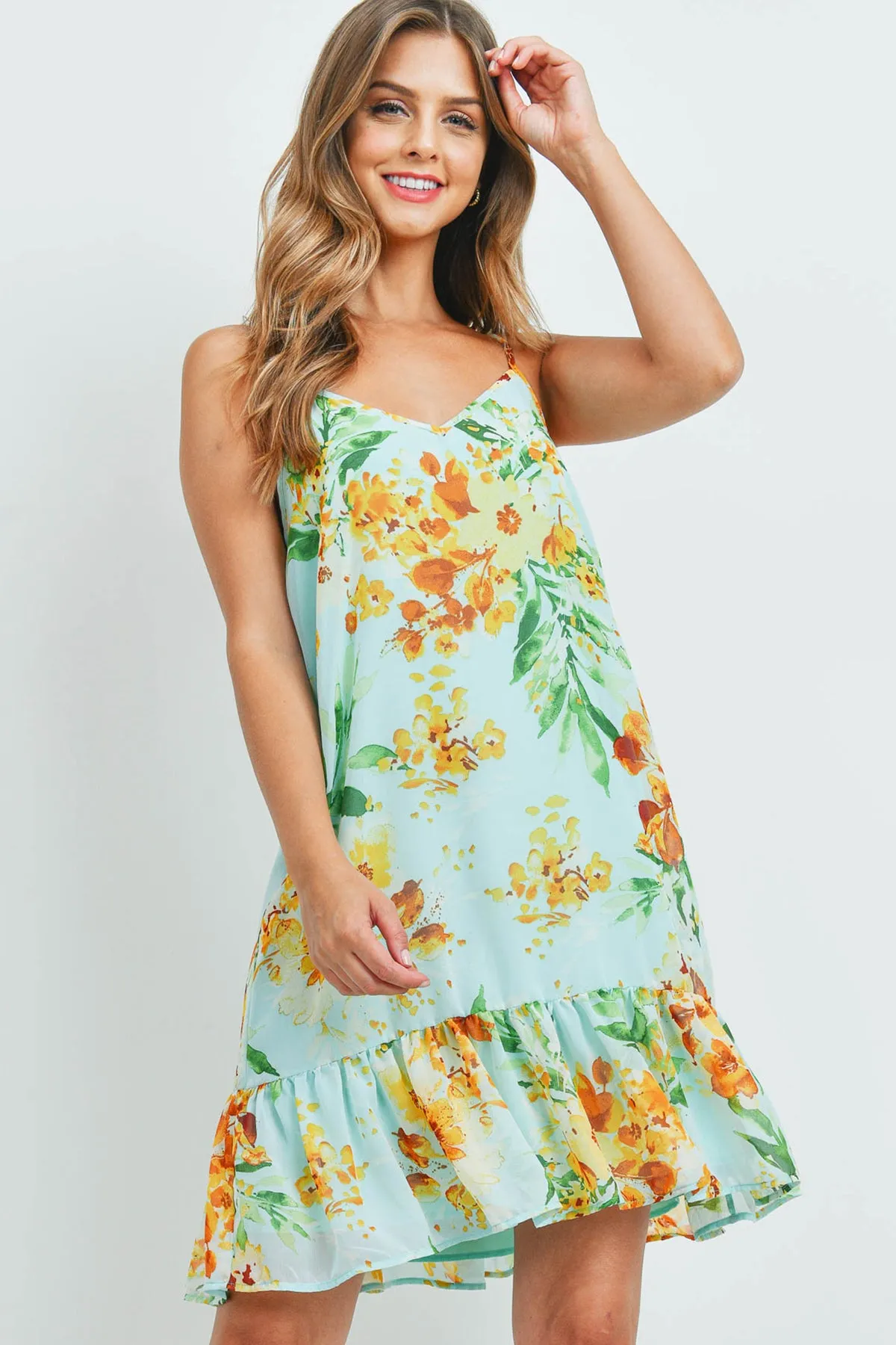 Floral Print Ruffle Hem Cami Dress with Inside Lining