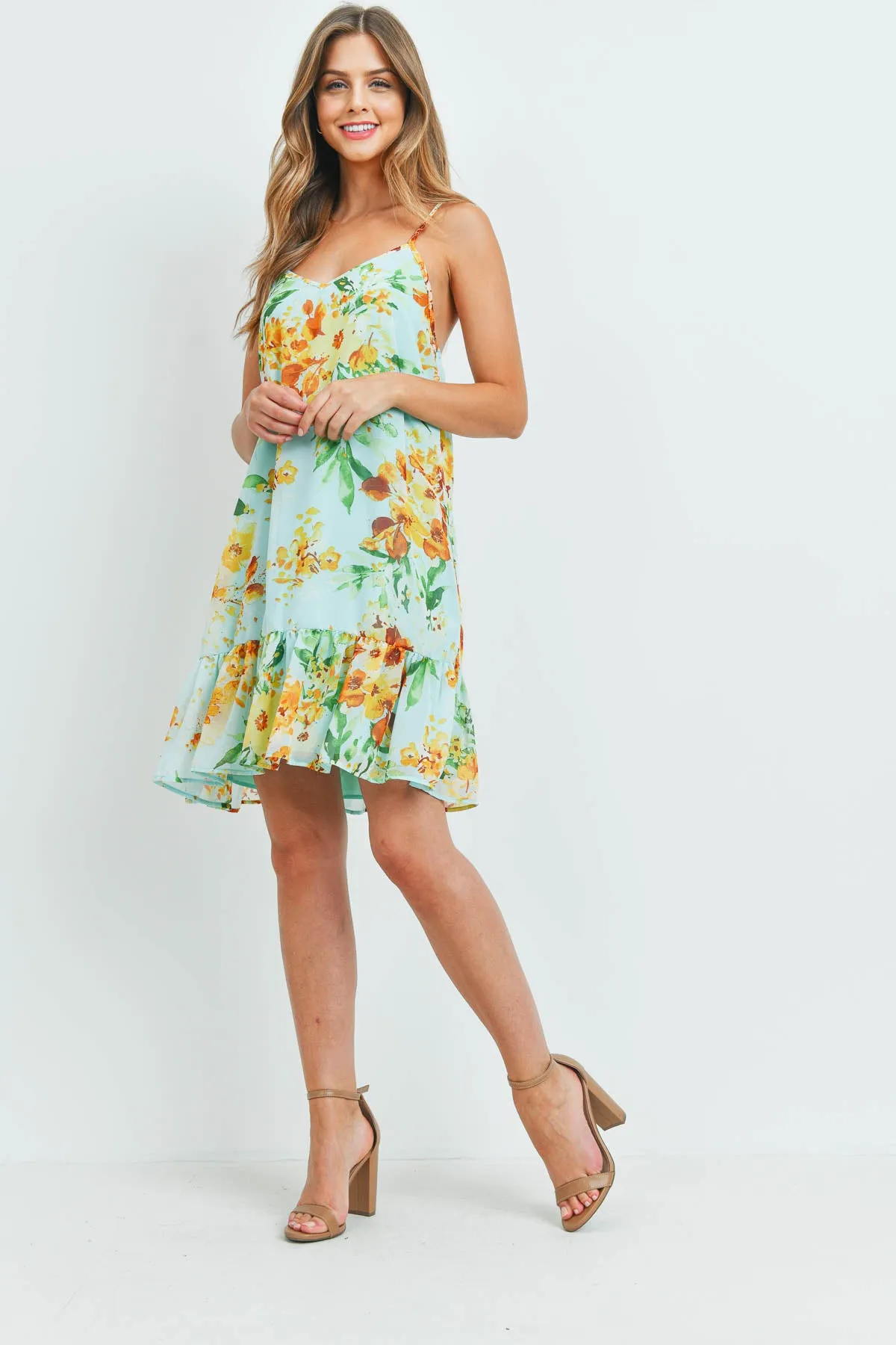 Floral Print Ruffle Hem Cami Dress with Inside Lining
