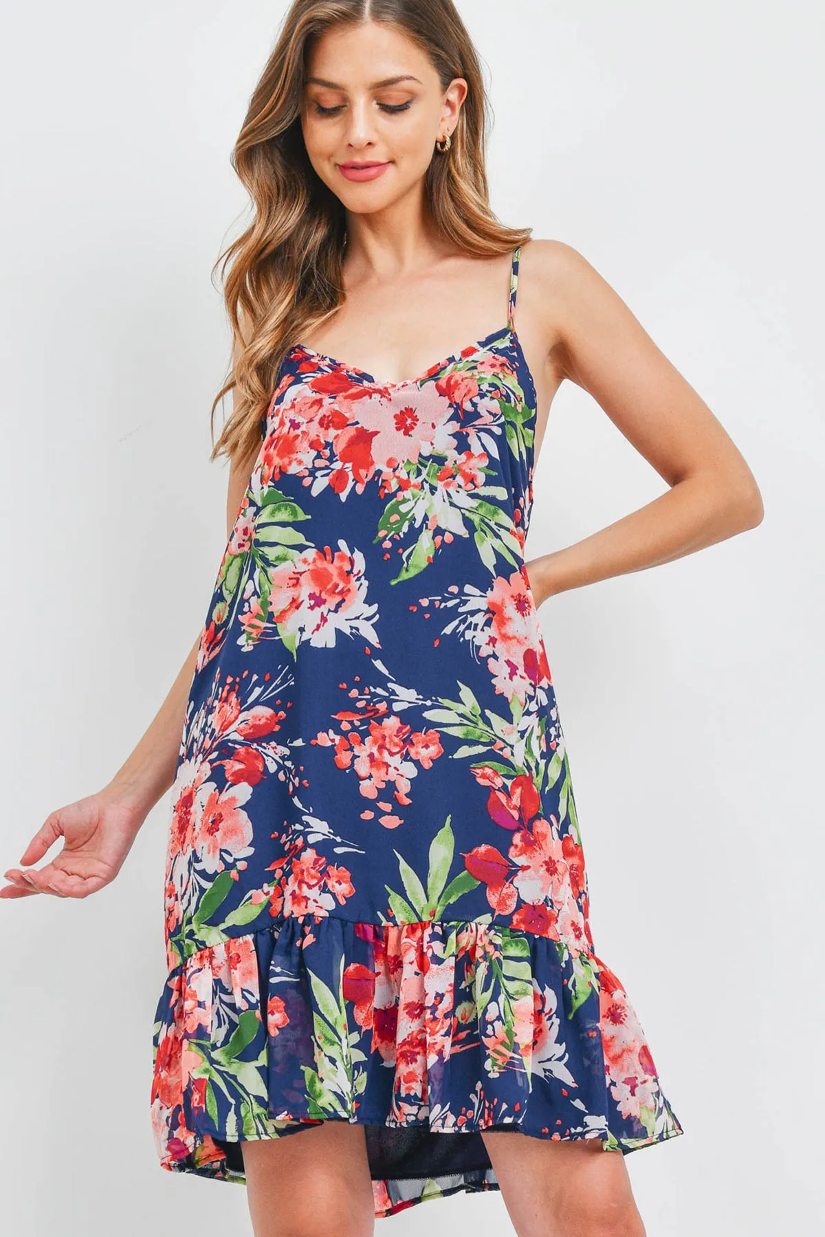 Floral Print Ruffle Hem Cami Dress with Inside Lining