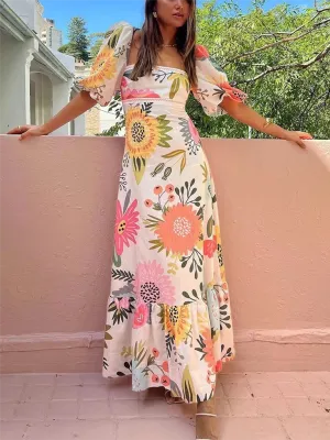 Floral Print Slim Swing Dress with Lantern Sleeves