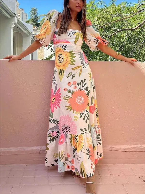 Floral Print Slim Swing Dress with Lantern Sleeves