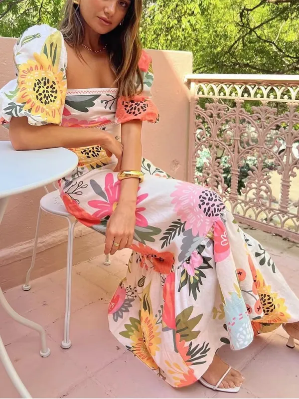 Floral Print Slim Swing Dress with Lantern Sleeves