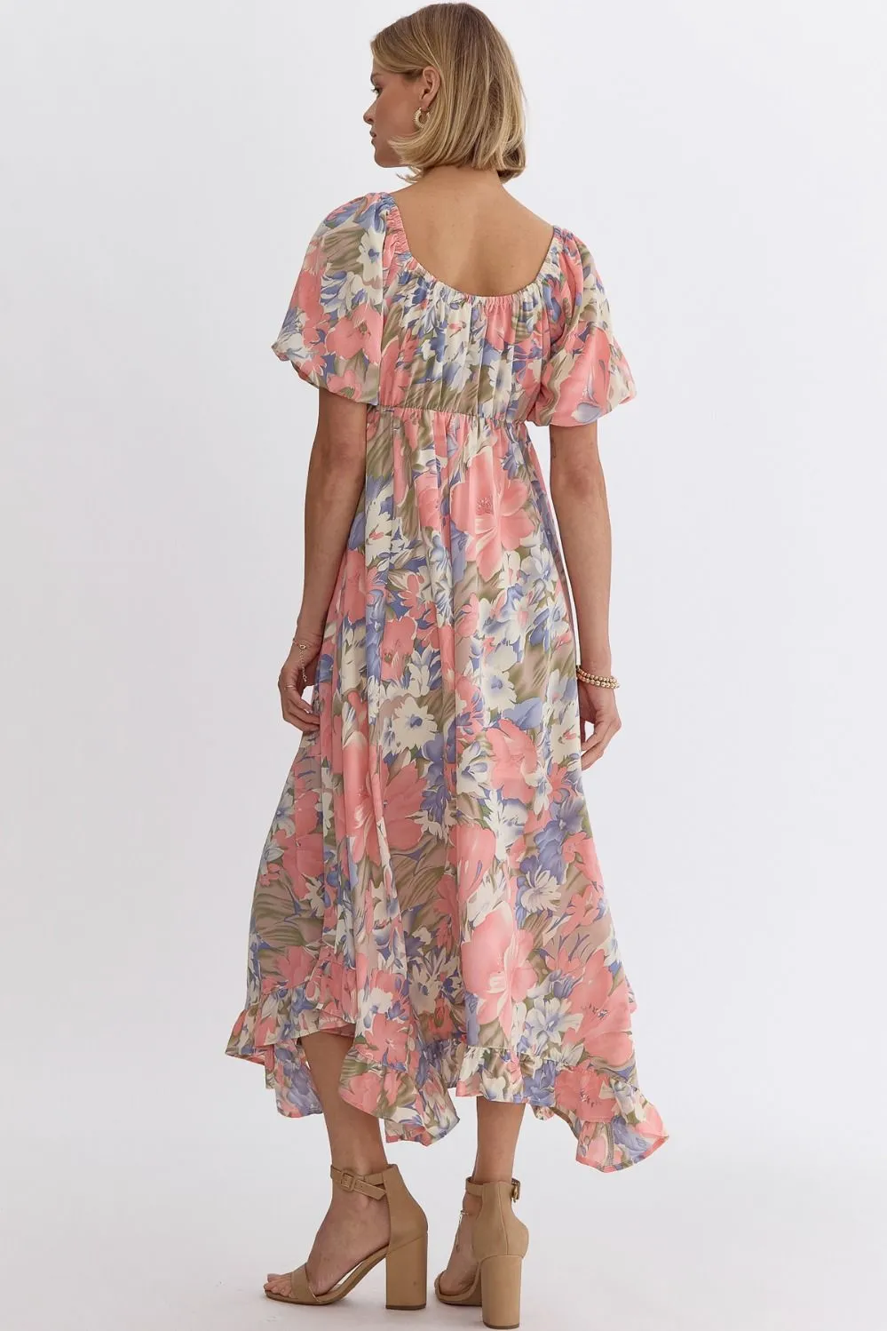 Floral Square Neck Short Sleeve Midi Dress