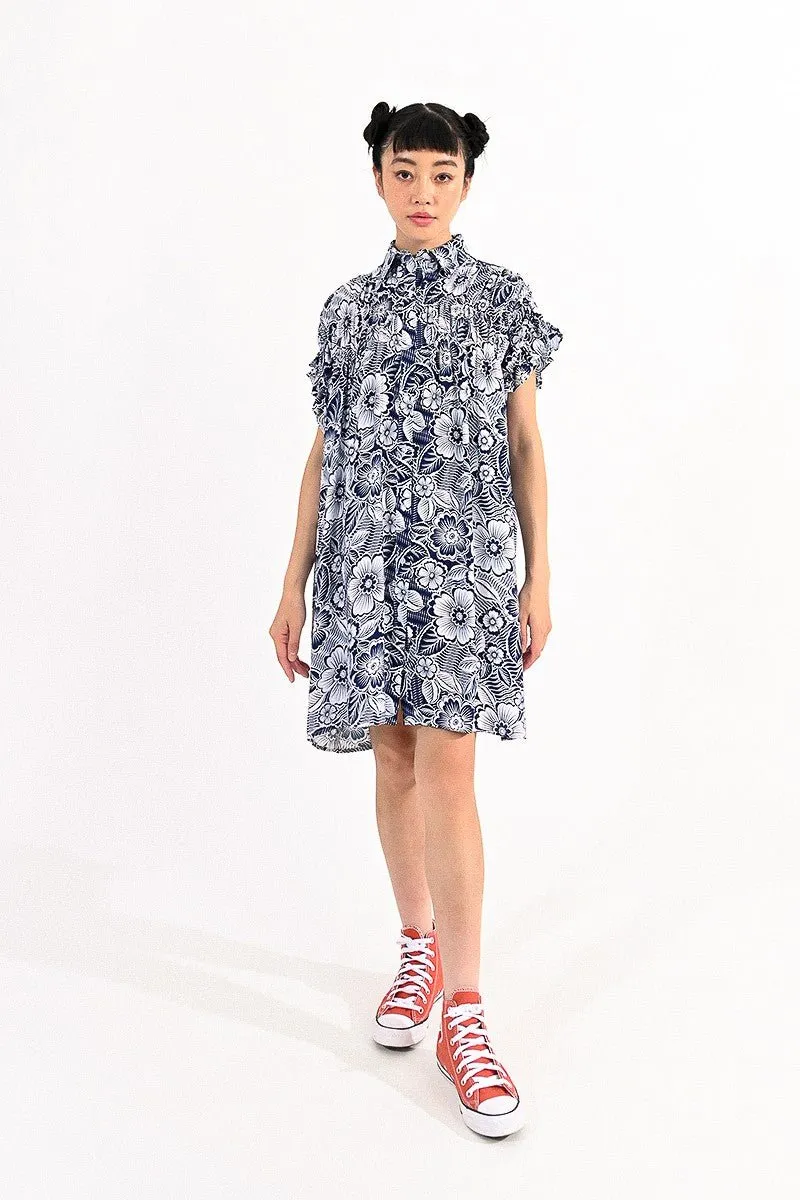 GATHERED PRINTED SHIRT DRESS