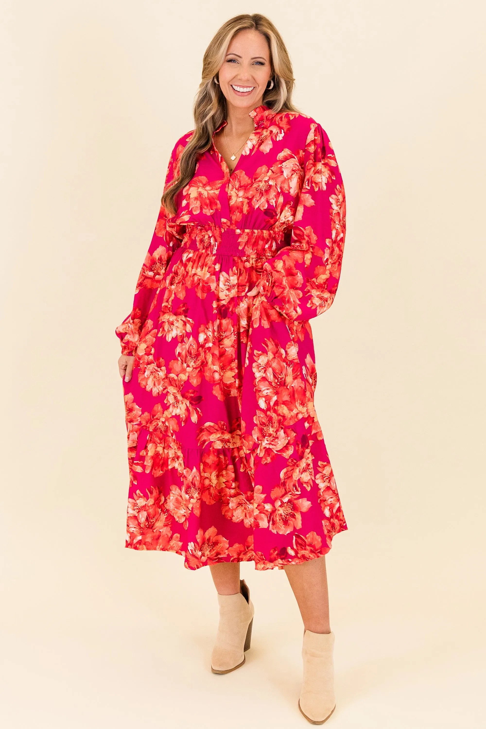 Gentle On My Mind Midi Dress, Magenta