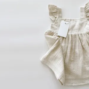 Girls Cotton White Lined Dress With Sleeveless Ruffled Straps - Natural