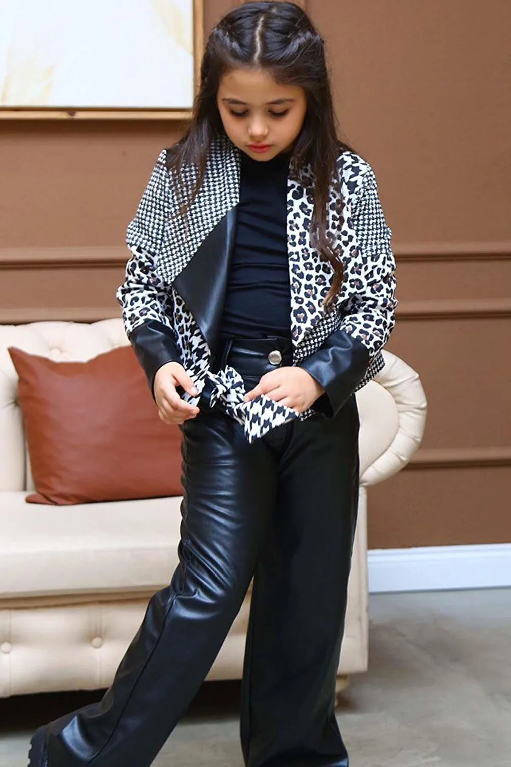 Girl's Houndstooth and Leopard Patterned Jacket, Flared Leather Trousers, Black Top and Bottom Set