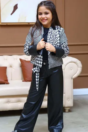 Girl's Houndstooth and Leopard Patterned Jacket, Flared Leather Trousers, Black Top and Bottom Set