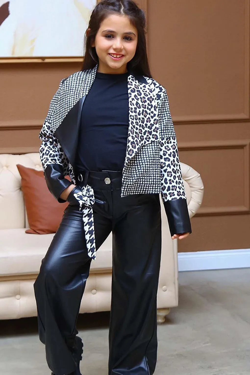 Girl's Houndstooth and Leopard Patterned Jacket, Flared Leather Trousers, Black Top and Bottom Set