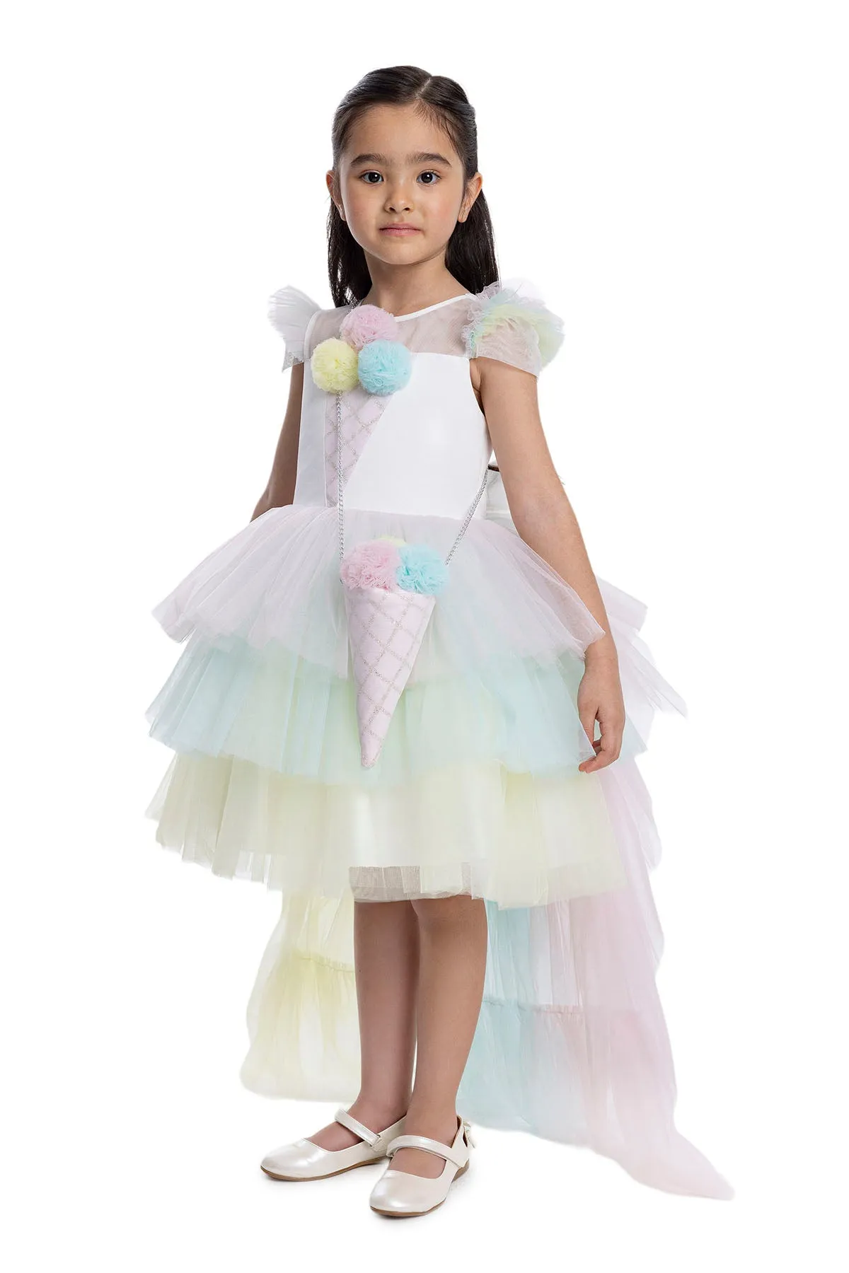 Girls Rainbow Birthday Dress with a Long Tail