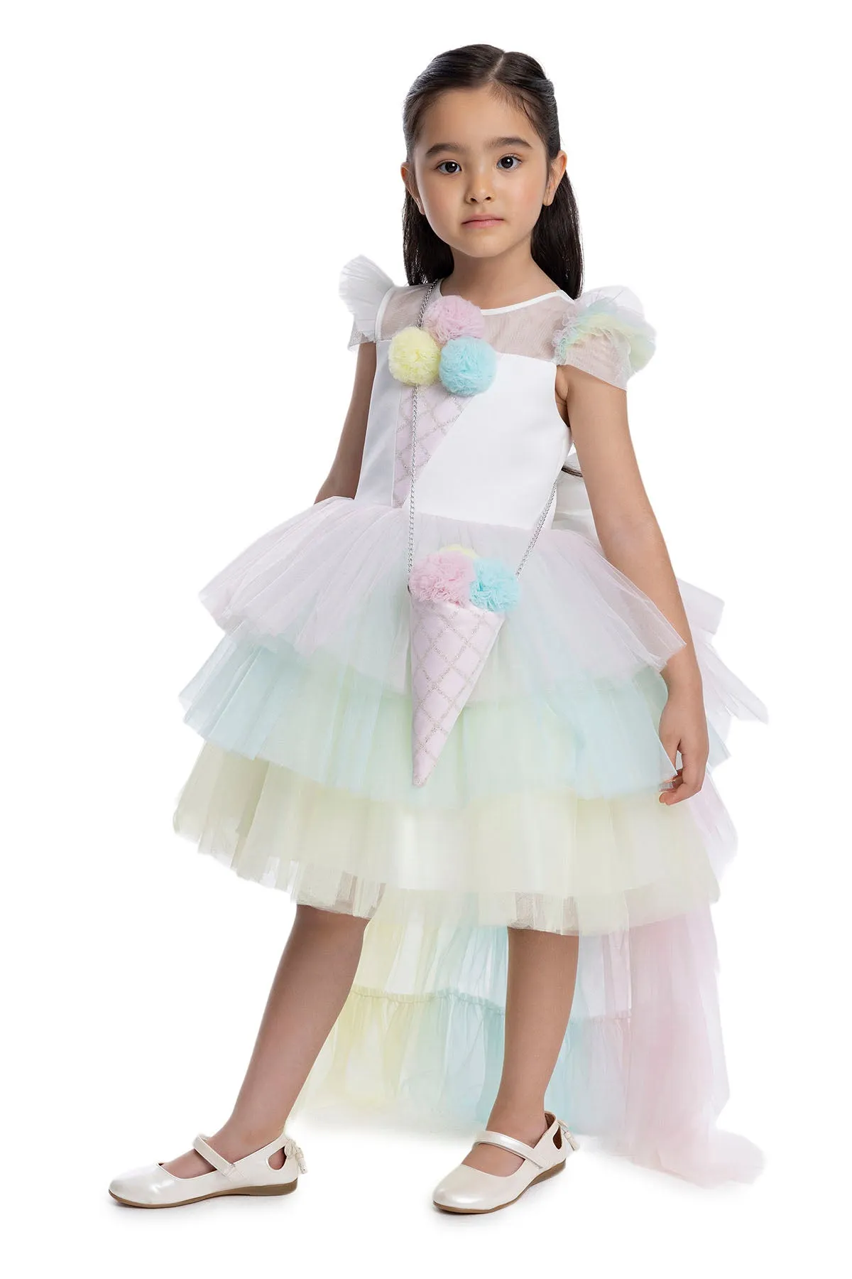 Girls Rainbow Birthday Dress with a Long Tail