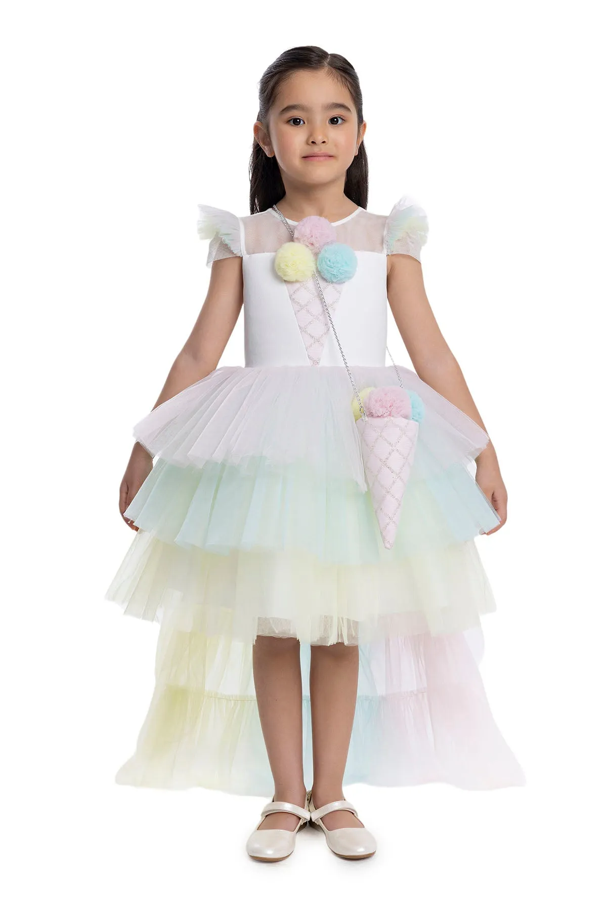 Girls Rainbow Birthday Dress with a Long Tail