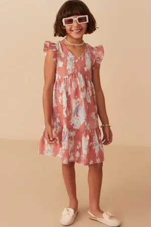 Girls Watercolor V Neck Tiered Ruffled Dress