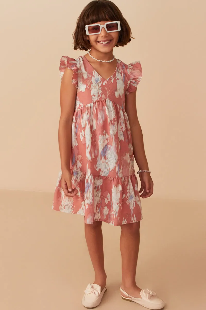 Girls Watercolor V Neck Tiered Ruffled Dress