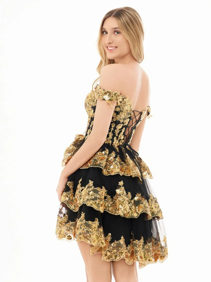 Gold Off the Shoulder Applique Ruffle Homecoming Dresses
