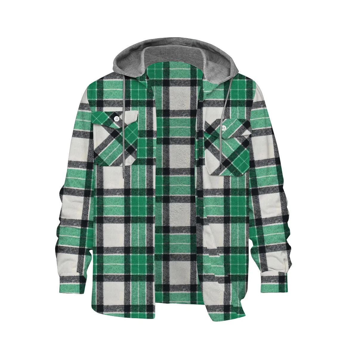 Green Plaid Long Sleeve Hooded Shirt Loose And Casual Outdoor