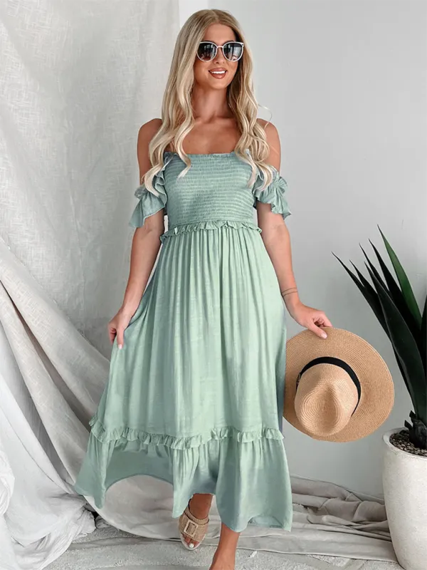 Halter Back Maxi Dress with Smocked Bodice and Ruffled Hem
