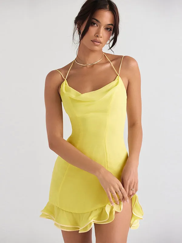Halter Neck Mini Dress with Cowl Neckline and Ruffled Hem