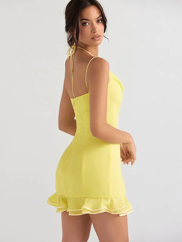 Halter Neck Mini Dress with Cowl Neckline and Ruffled Hem