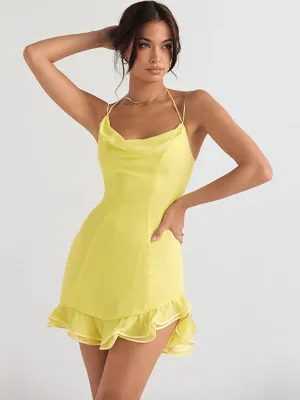 Halter Neck Mini Dress with Cowl Neckline and Ruffled Hem