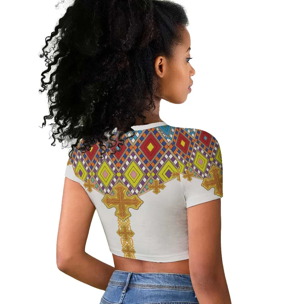 Happy Ethiopian Timkat Raglan Cropped T shirt Cross Mix Tilet Pattern LT15