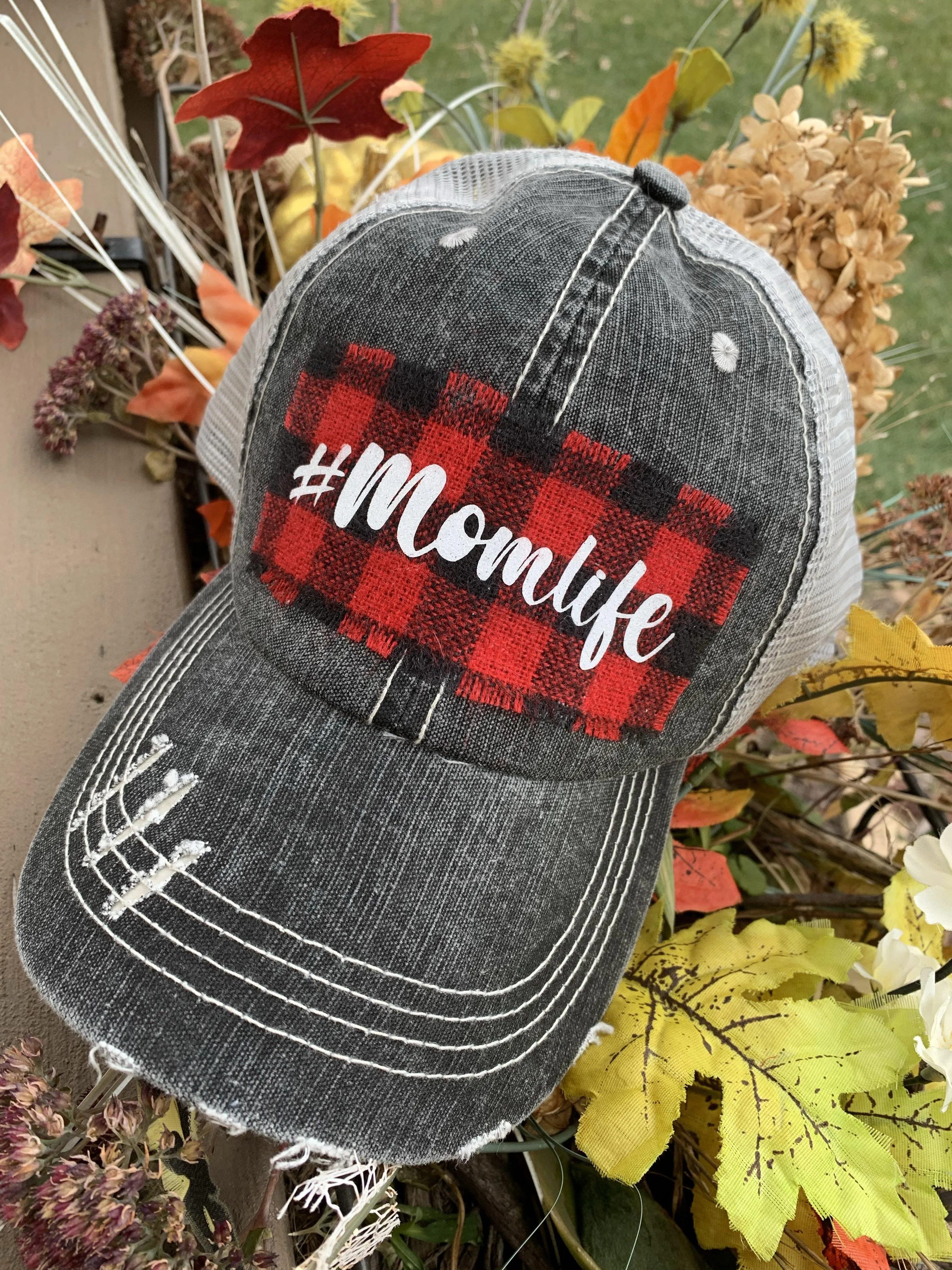 Hats { Blessed mama } Gray distressed with buffalo plaid in red and black check adjustable Velcro. Any custom sating available.