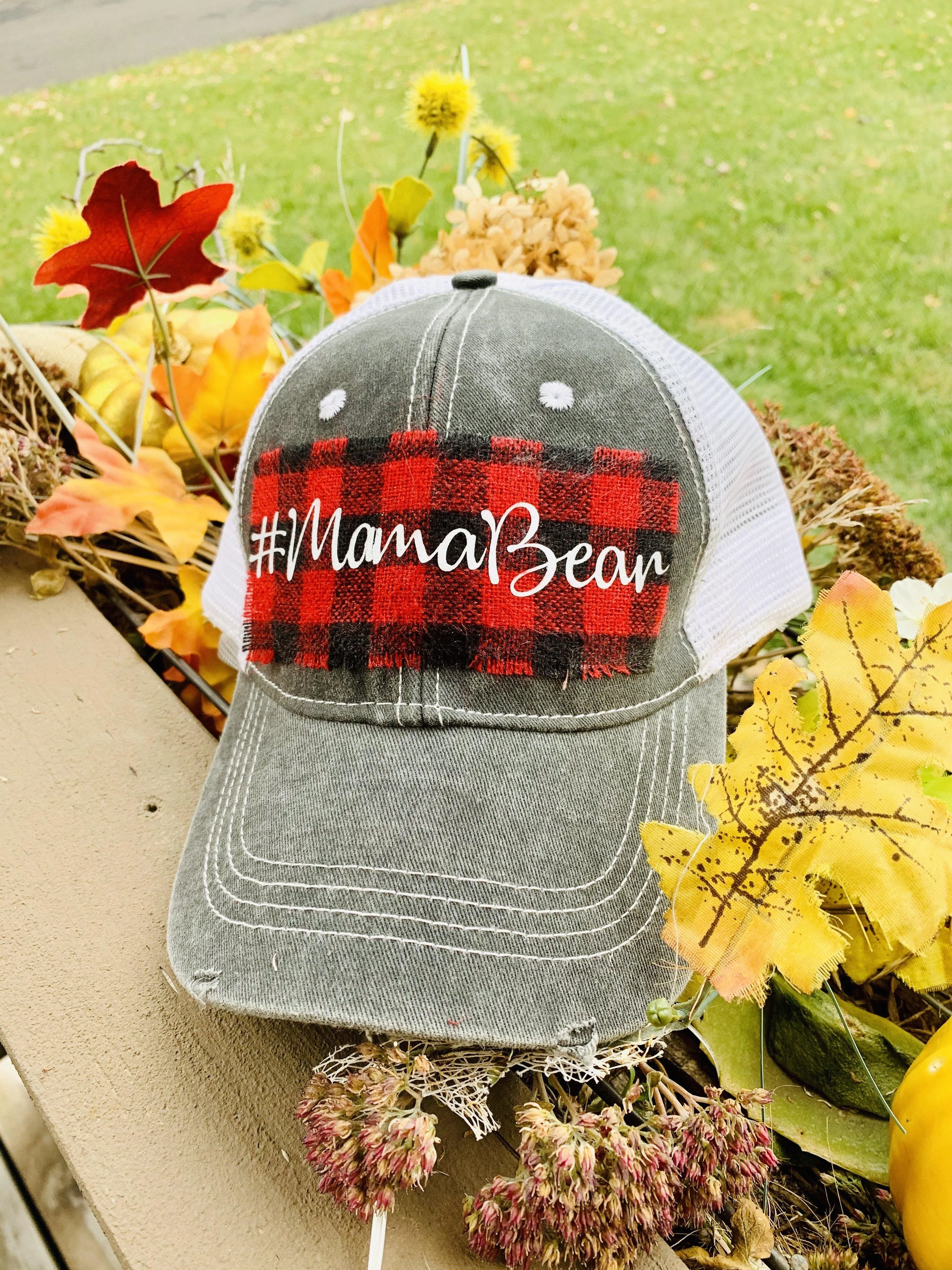Hats { Blessed mama } Gray distressed with buffalo plaid in red and black check adjustable Velcro. Any custom sating available.