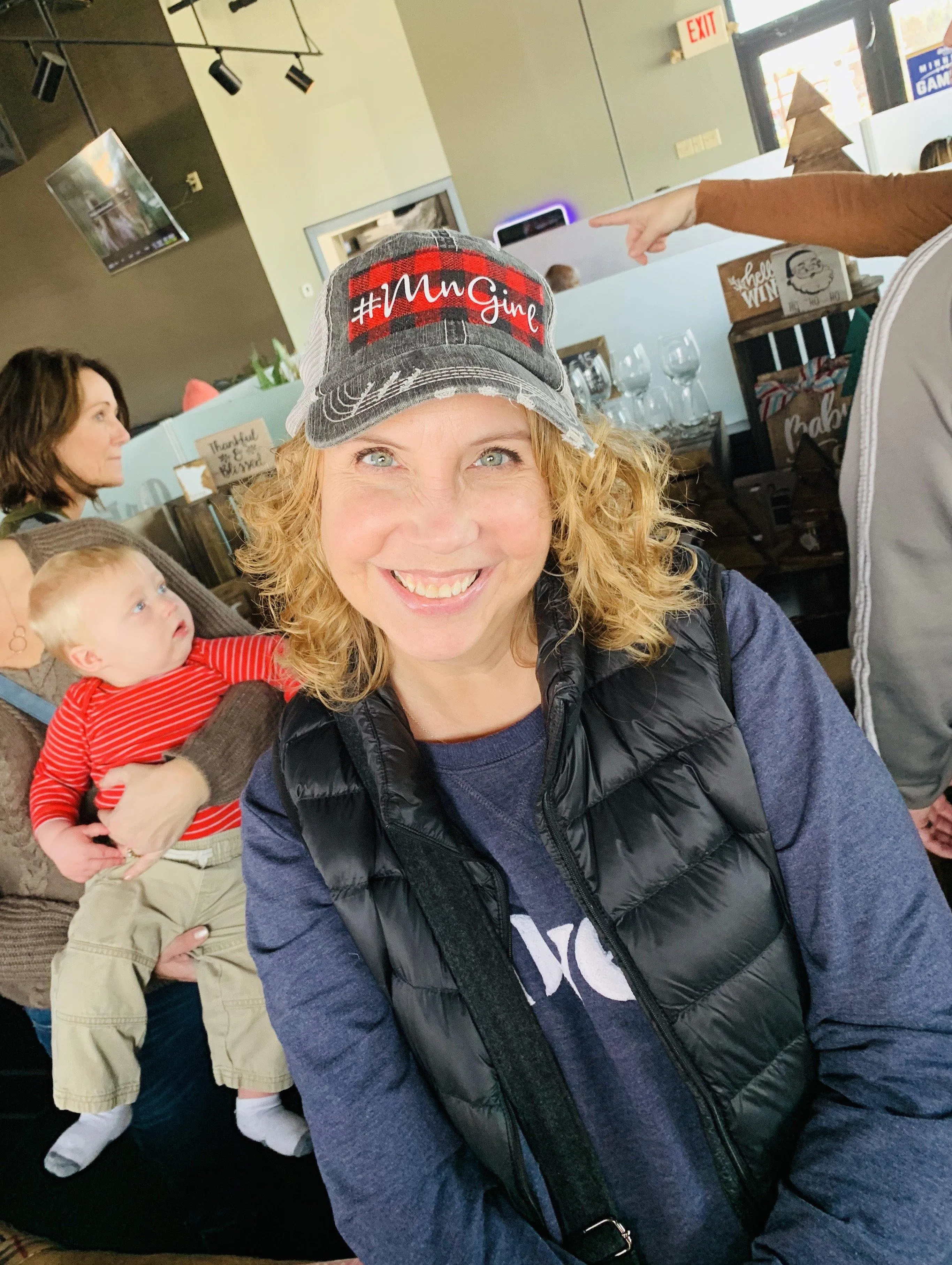 Hats { Blessed mama } Gray distressed with buffalo plaid in red and black check adjustable Velcro. Any custom sating available.