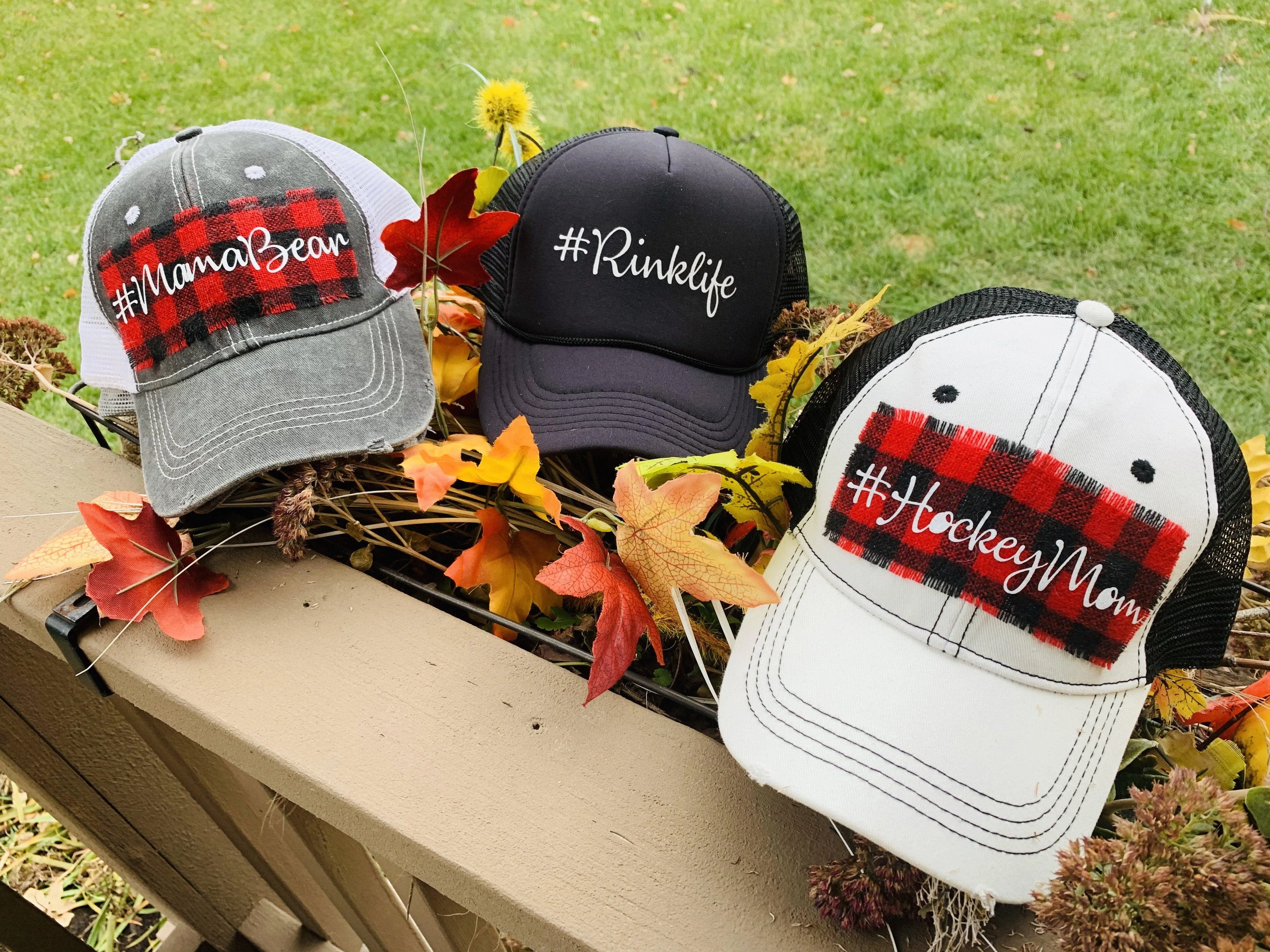 Hats { Blessed mama } Gray distressed with buffalo plaid in red and black check adjustable Velcro. Any custom sating available.