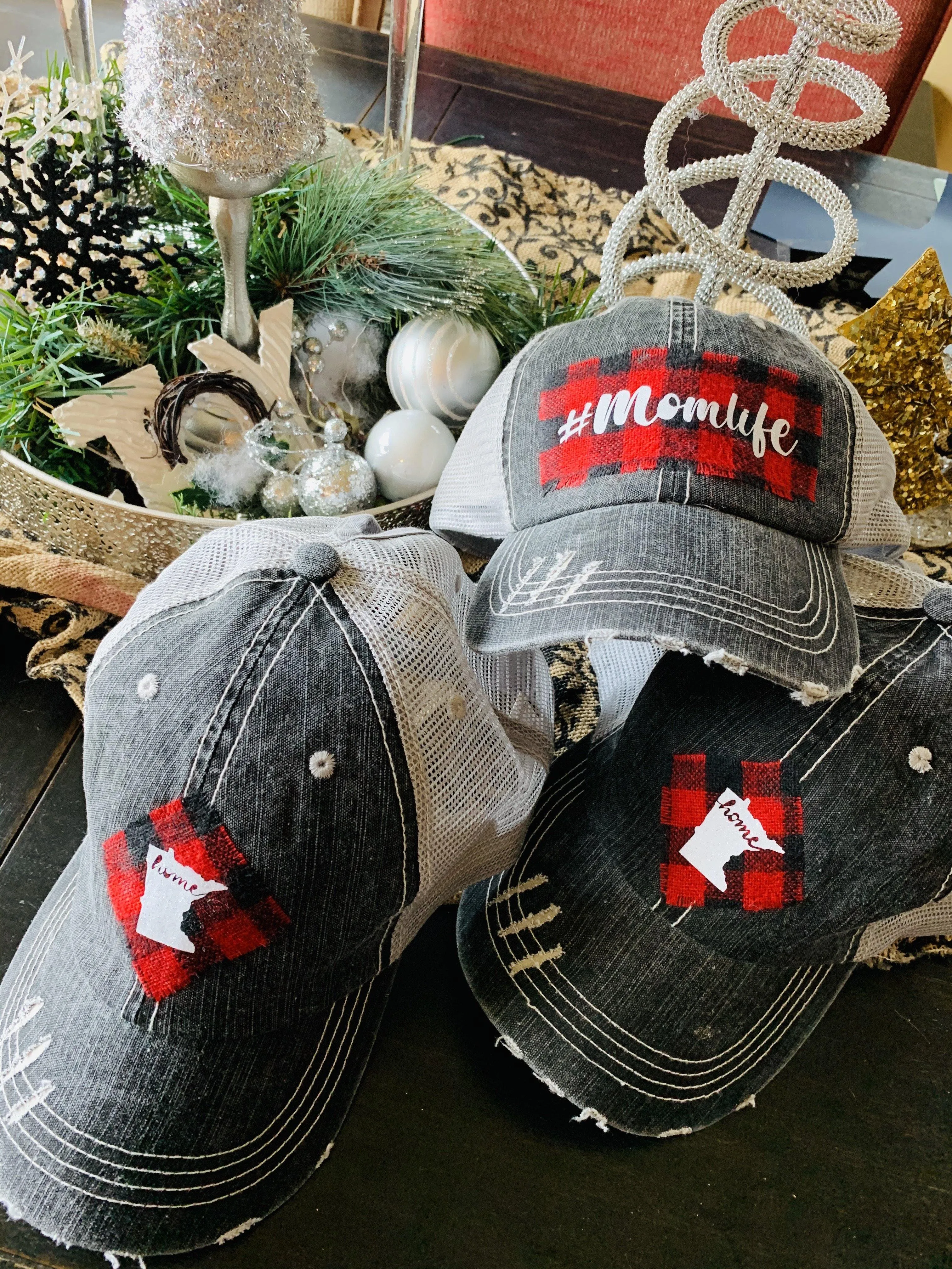 Hats { Blessed mama } Gray distressed with buffalo plaid in red and black check adjustable Velcro. Any custom sating available.