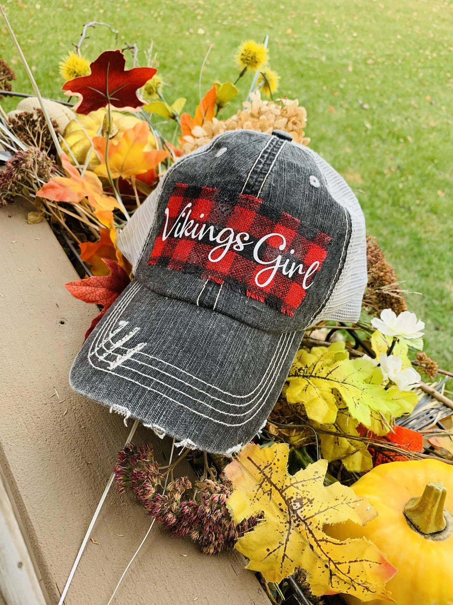 Hats { Blessed mama } Gray distressed with buffalo plaid in red and black check adjustable Velcro. Any custom sating available.