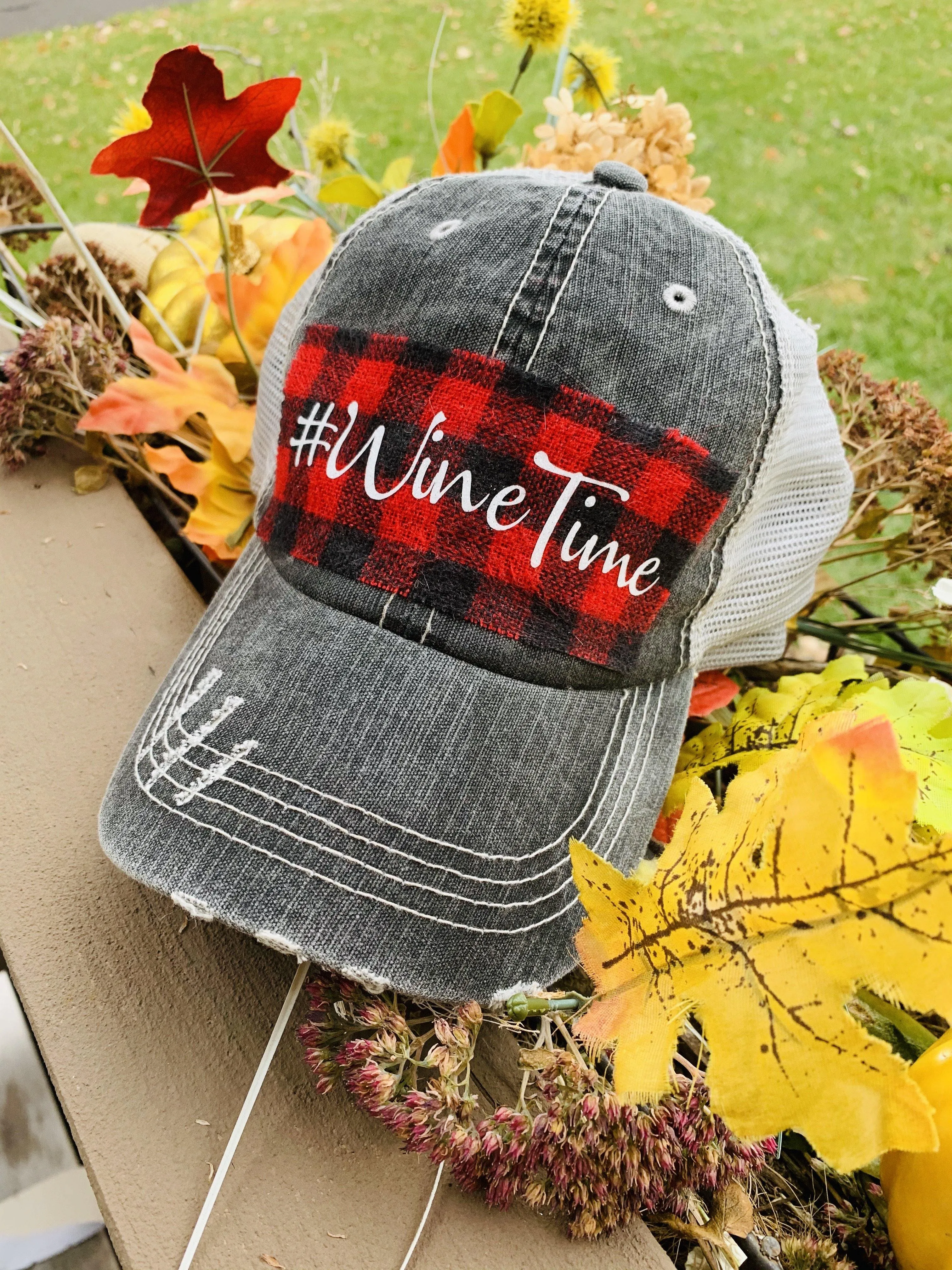 Hats { Blessed mama } Gray distressed with buffalo plaid in red and black check adjustable Velcro. Any custom sating available.