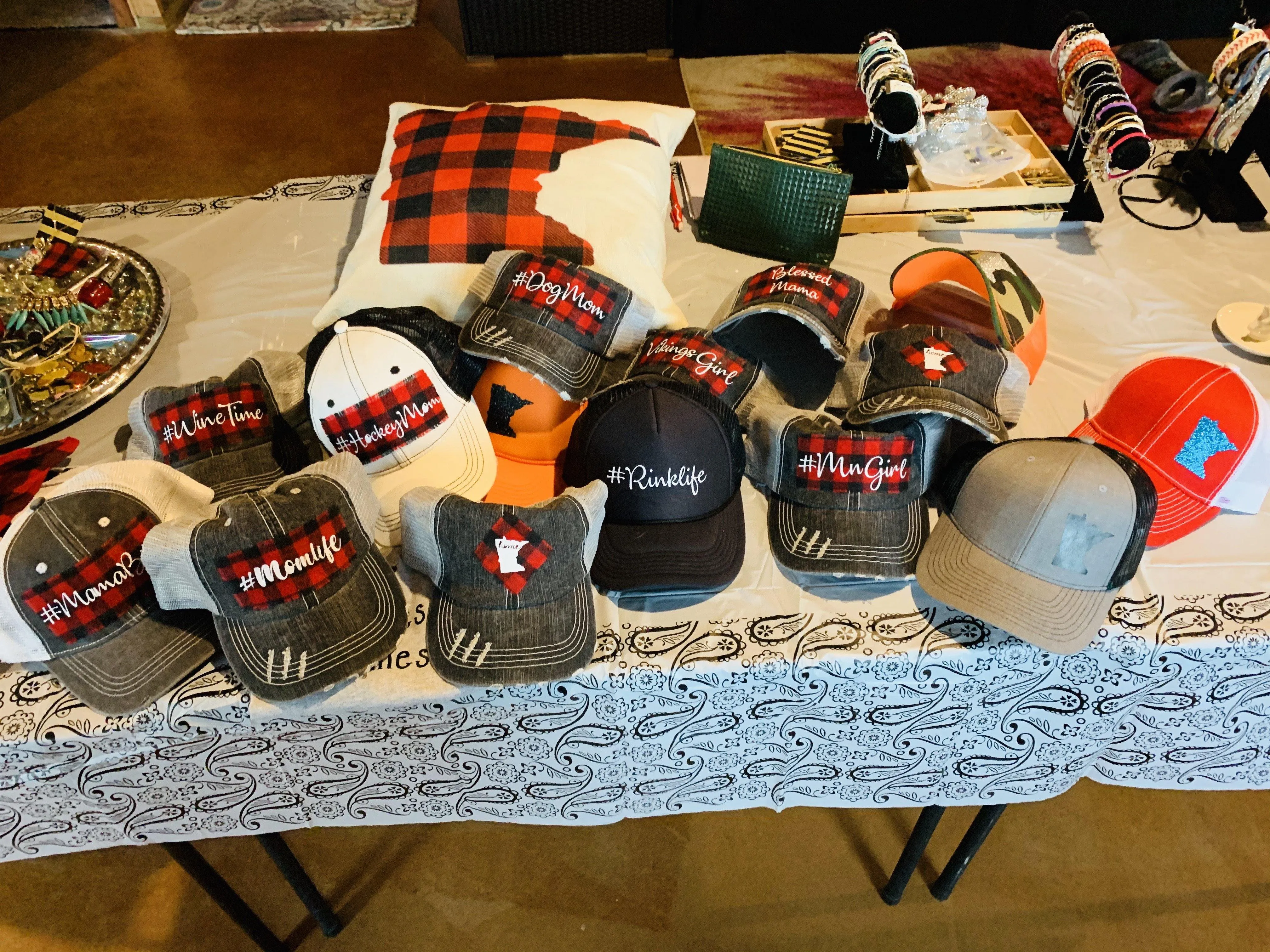 Hats { Blessed mama } Gray distressed with buffalo plaid in red and black check adjustable Velcro. Any custom sating available.