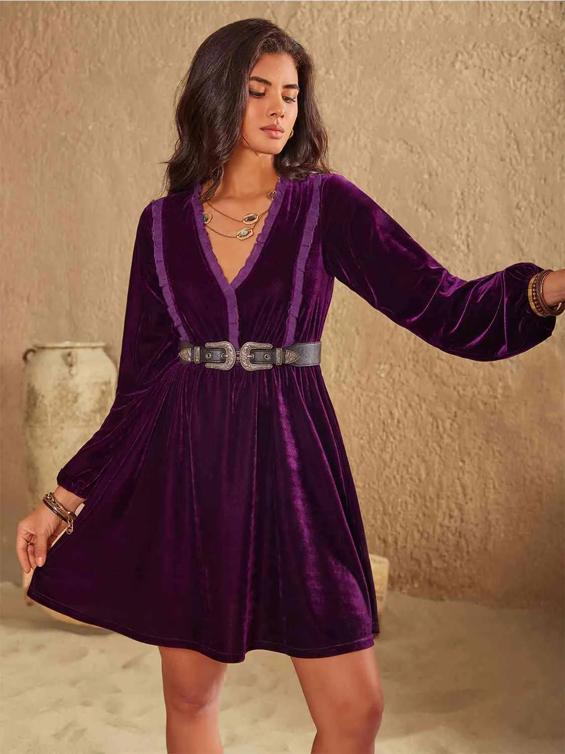 Hazel Blues® |  Ruffled V-Neck Long Sleeve Dress