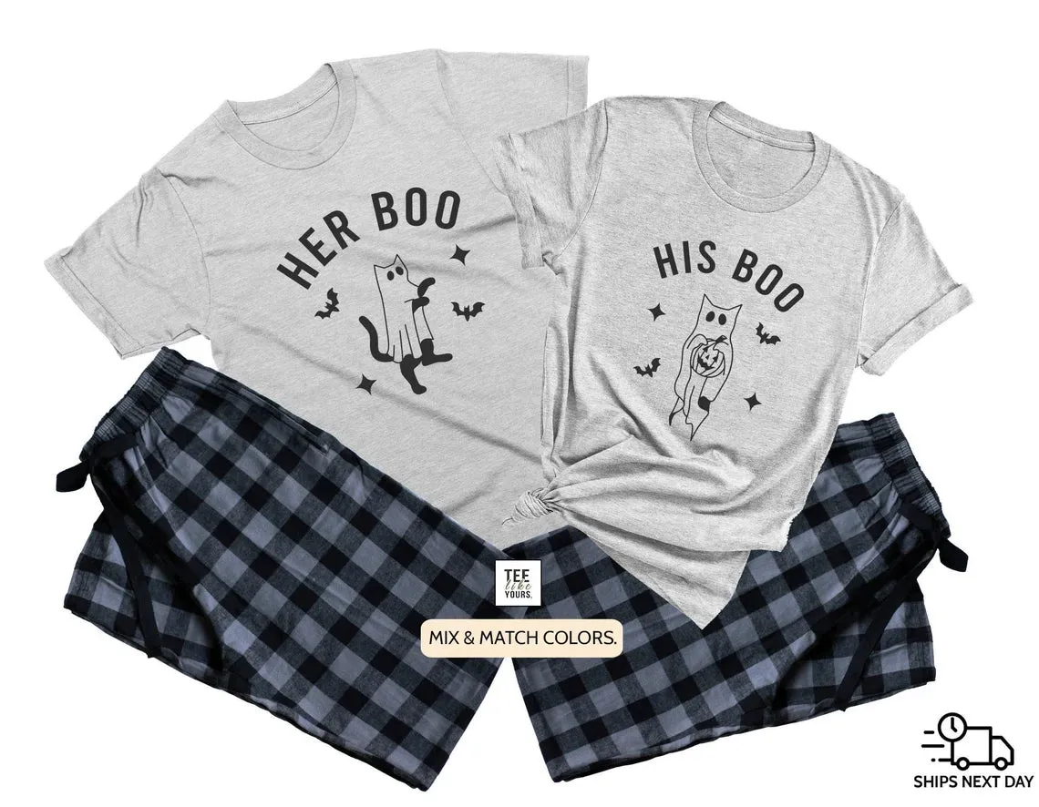 Her Boo & His Boo, Matching Halloween Pajamas for couples, Halloween gift for Him Her, Honeymoon Outfit, Wedding Anniversary Gift, Cat Ghost