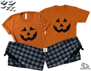 His & Hers - Pumpkin Face Jack O Lantern Matching Halloween Pajamas for couples.