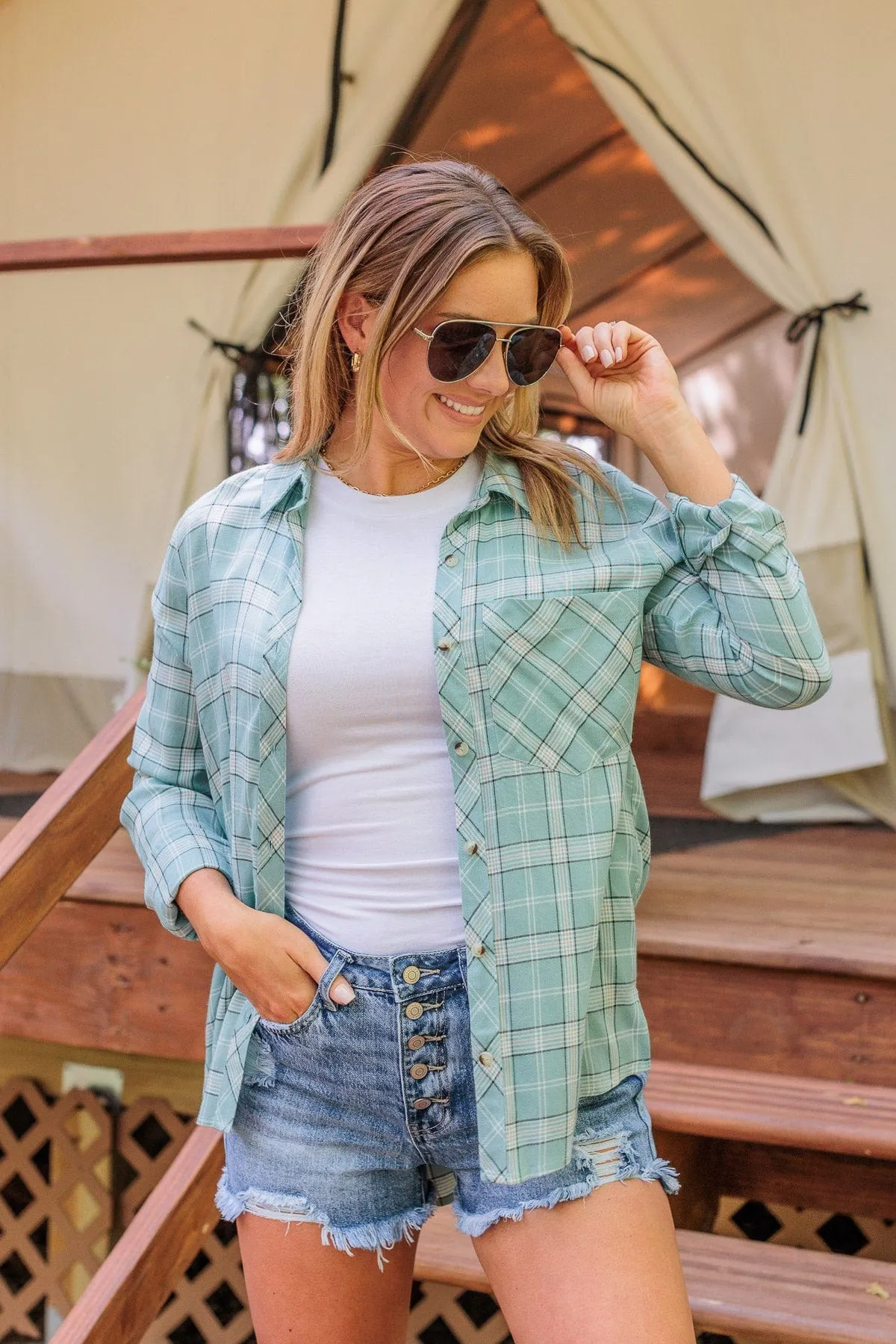 Holding Up My Own Plaid Top- Mint