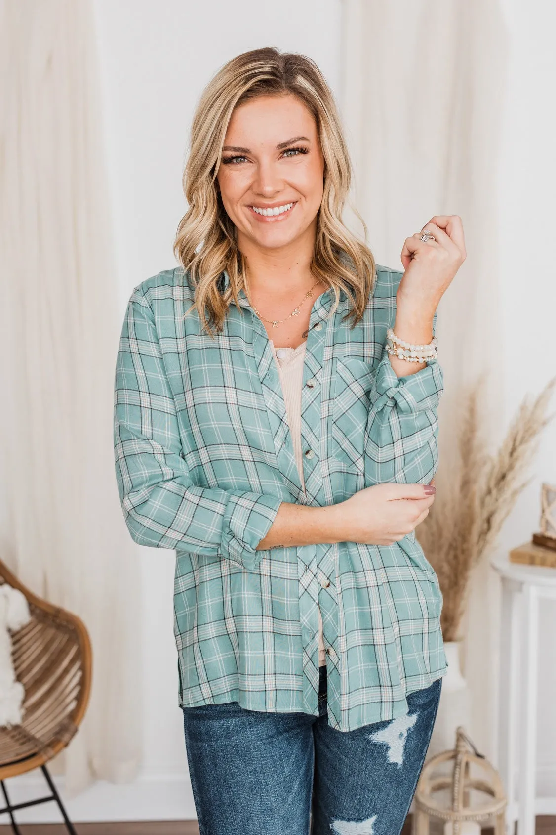 Holding Up My Own Plaid Top- Mint
