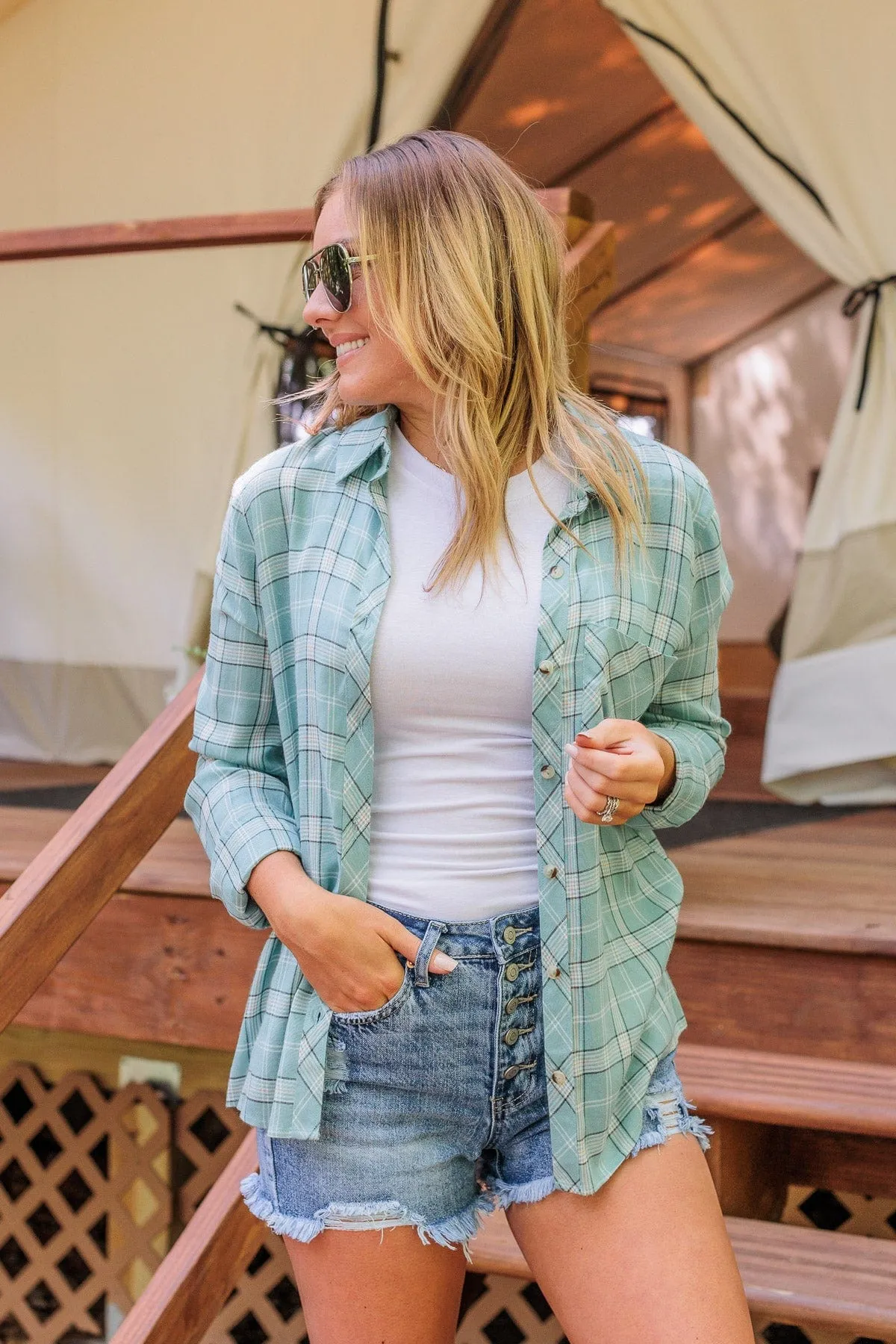 Holding Up My Own Plaid Top- Mint