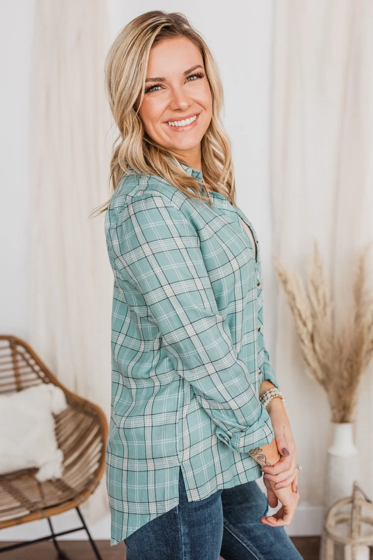 Holding Up My Own Plaid Top- Mint