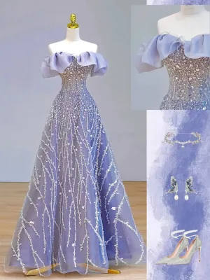 JazzHer Elegant Ball Gown Off The Shoulder Lilac Short Sleeves Sequin Evening Dress Long Prom Dresses (PRE-ORDER)