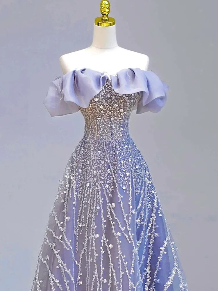 JazzHer Elegant Ball Gown Off The Shoulder Lilac Short Sleeves Sequin Evening Dress Long Prom Dresses (PRE-ORDER)