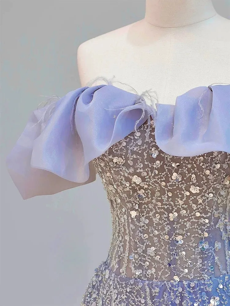JazzHer Elegant Ball Gown Off The Shoulder Lilac Short Sleeves Sequin Evening Dress Long Prom Dresses (PRE-ORDER)