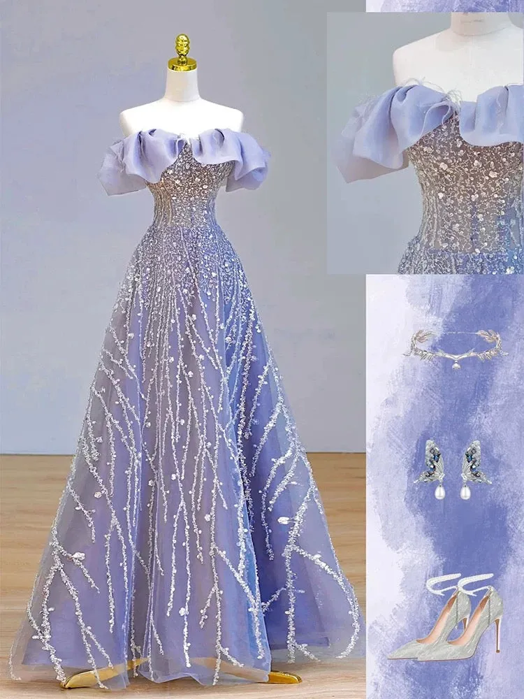 JazzHer Elegant Ball Gown Off The Shoulder Lilac Short Sleeves Sequin Evening Dress Long Prom Dresses (PRE-ORDER)