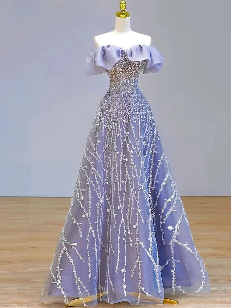 JazzHer Elegant Ball Gown Off The Shoulder Lilac Short Sleeves Sequin Evening Dress Long Prom Dresses (PRE-ORDER)