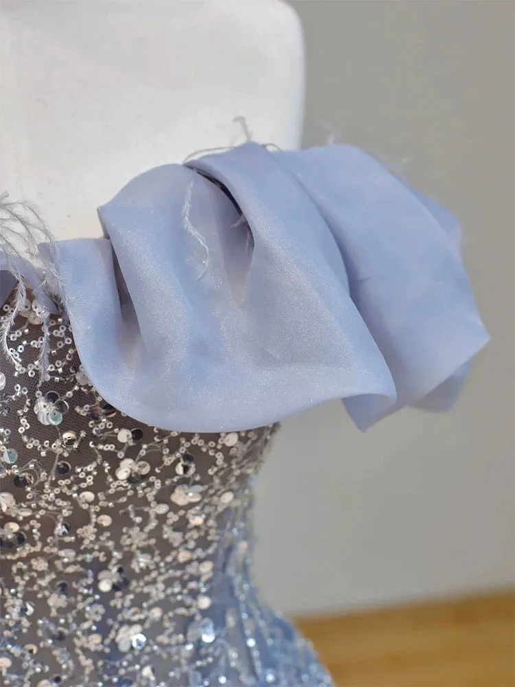 JazzHer Elegant Ball Gown Off The Shoulder Lilac Short Sleeves Sequin Evening Dress Long Prom Dresses (PRE-ORDER)